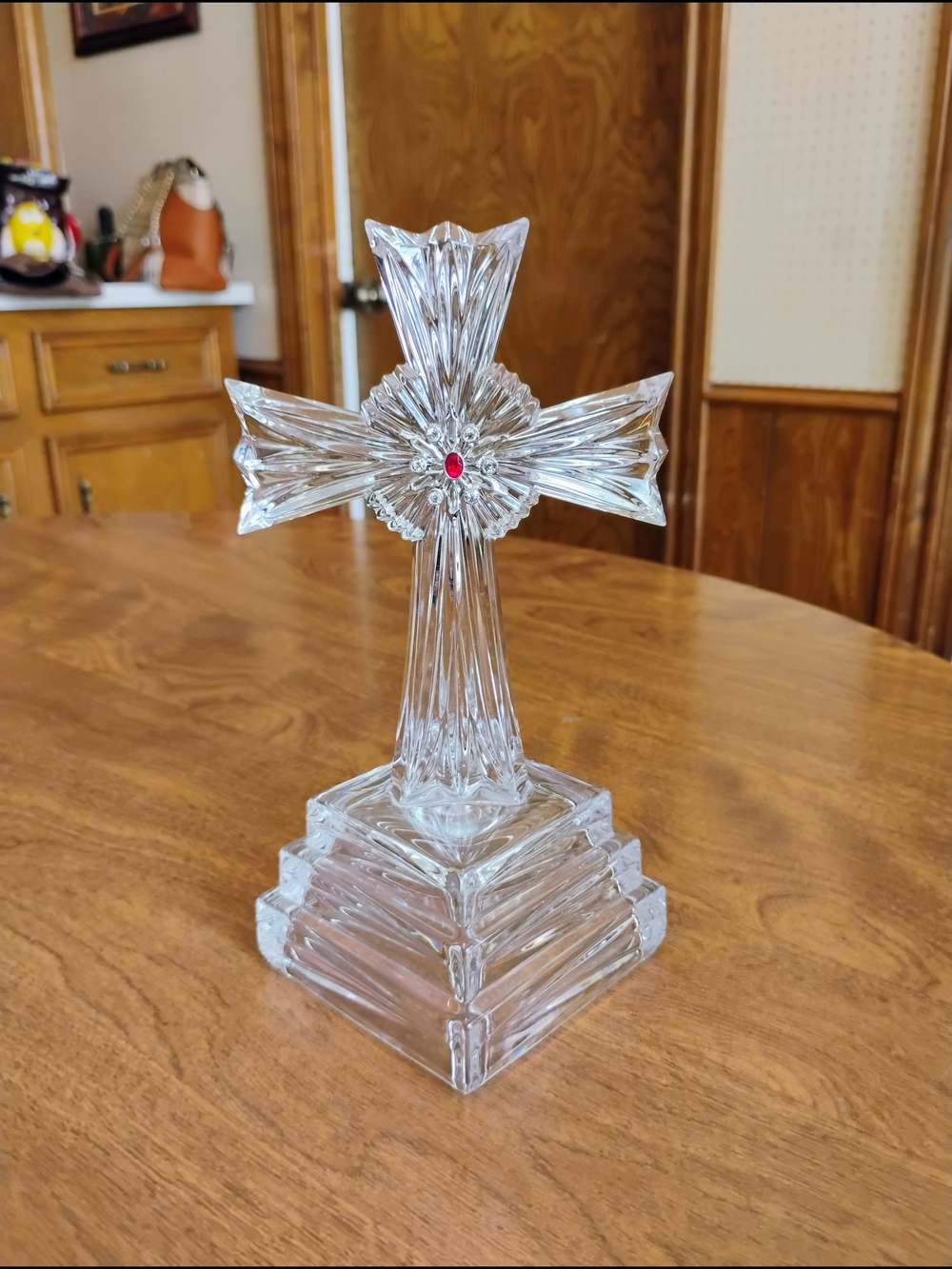 Lenox Lead Crystal Inspirational Standing Cross W/ Base & Garnet & Clear Crystal